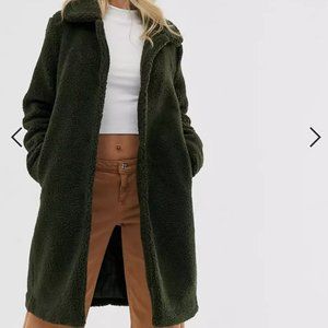 Pieces button forest green teddy coat